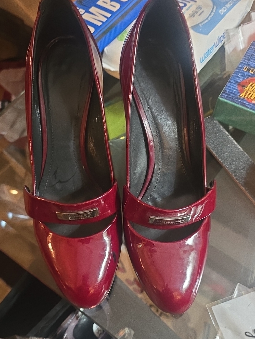Burberry Glossy Burgundy Patent Mary Jane Heels